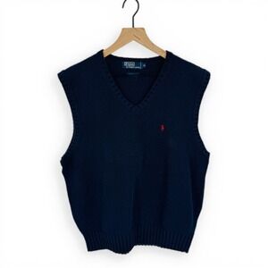 Polo Ralph Lauren Cotton Sweater‎ Vest V Neck Navy Red Pony Knit Pullover XL